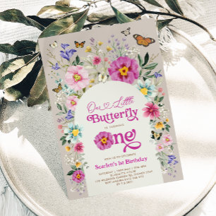 Little Butterfly Bright Wildfower 1st Birthday Inbjudningar