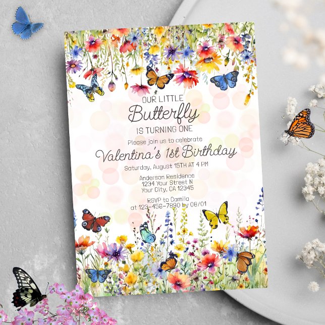 Little Butterfly Colorful Wildblommor Birthday Inbjudningar (Skapare uppladdad)