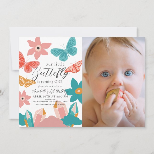 Little Butterfly Crystal 1st Birthday Photo Inbjudningar (Framsida)