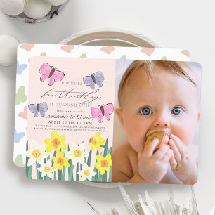 Little Butterfly Daffodil Rosa Photo 1st Birthday Inbjudningar