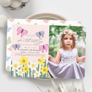 Little Butterfly Daffodil Rosa Photo Birthday Inbjudningar