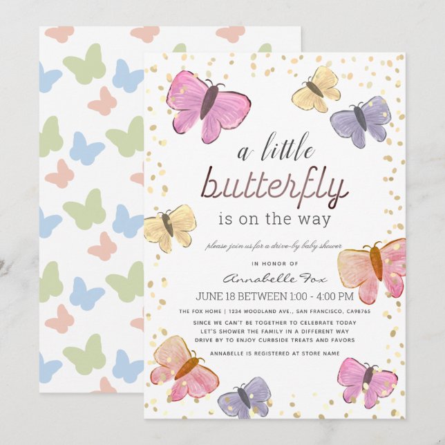 Little Butterfly Drive by Baby Shower Inbjudningar (Fram/baksida)