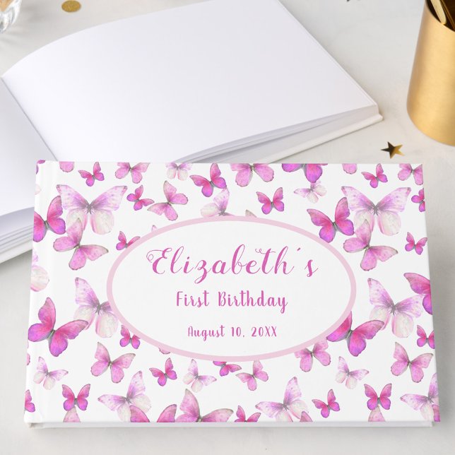 Little Butterfly First Birthday Pink Keepsake  Gästböcker (Skapare uppladdad)