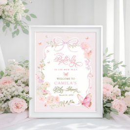 Little Butterfly Floral Girl Baby Shower Welcome  Poster
