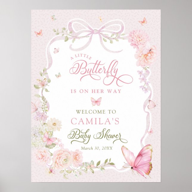 Little Butterfly Floral Girl Baby Shower Welcome  Poster (Framsidan)