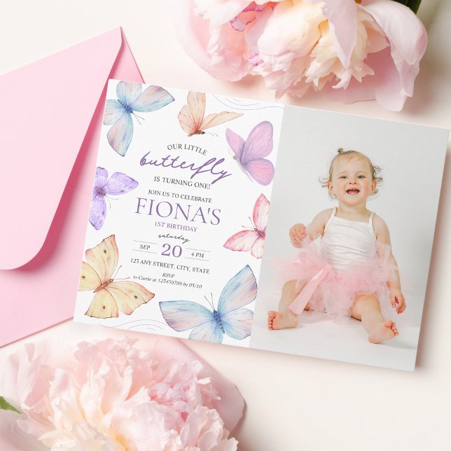 Little Butterfly Girl's 1st-födelsedagsfoto Inbjudningar (1st birthday invitation photo, our little butterfly)