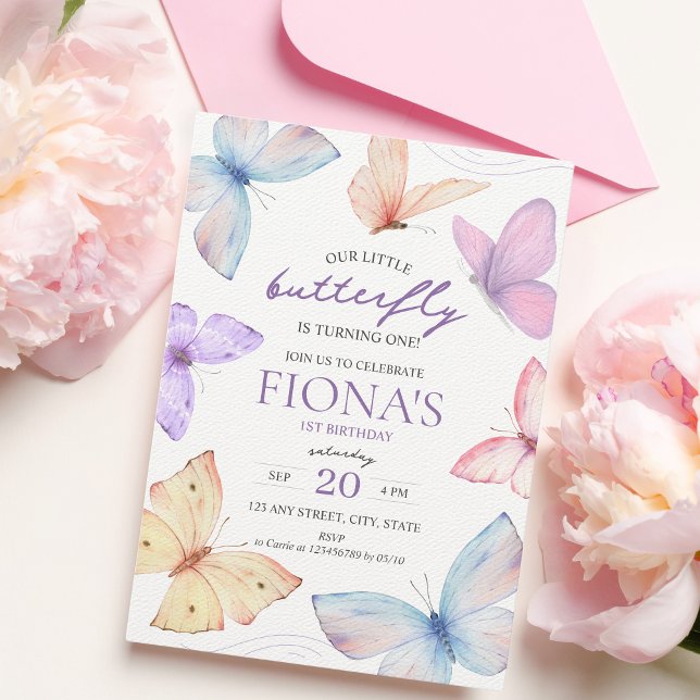 Little Butterfly Girl's 1st-födelsedagsinbjudan Inbjudningar (Our little butterfly is turning one! Butterfly 1st birthday invitation)