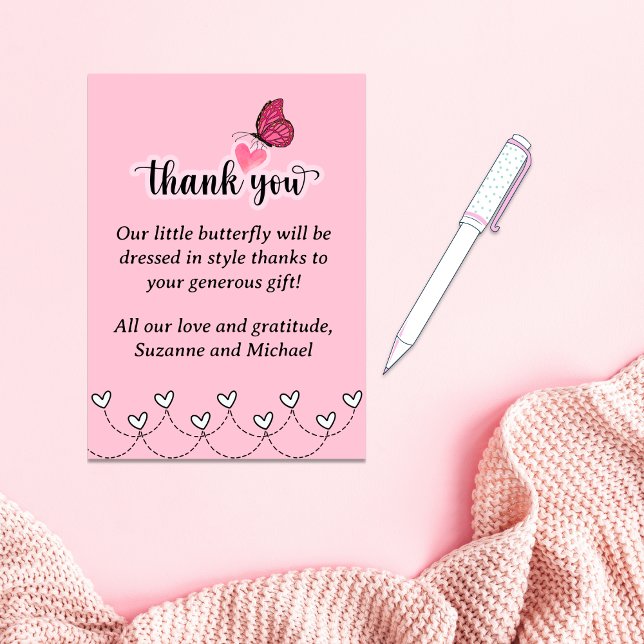 Little Butterfly Hearts Girl Baby Shower Tack Kort (Pink Butterfly Girl Baby Shower Thank You Cards (digital downloads available))