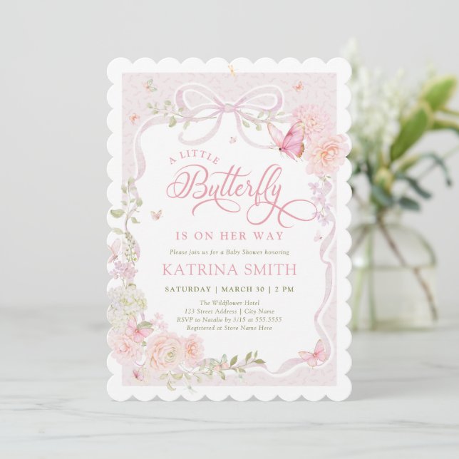 Little Butterfly Pink Baby Shower Invitation Inbjudningar (Stående Fram)