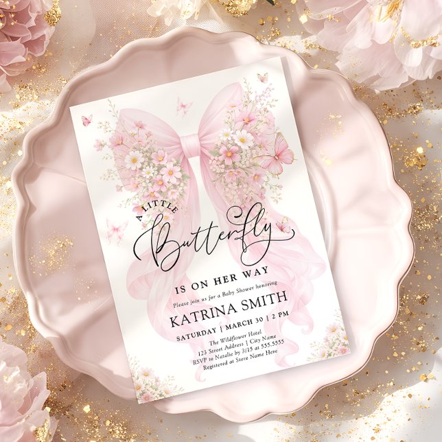 Little Butterfly Pink Bow Girl Baby Shower Inbjudningar (Skapare uppladdad)
