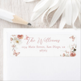 Little Butterfly Rosa Blommigt Flicka Shower Returadress Etikett