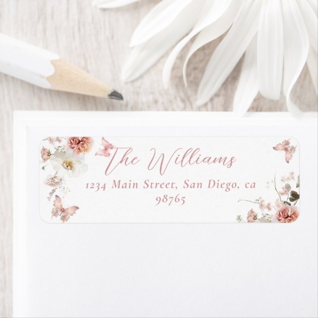 Little Butterfly Rosa Blommigt Flicka Shower Returadress Etikett (Insitu)