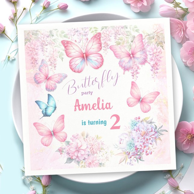 Little Butterfly Rosa Blommigt Summer Girl Birthda Pappersservett (Little Butterfly Pink Floral Summer Girl Birthday Napkins)