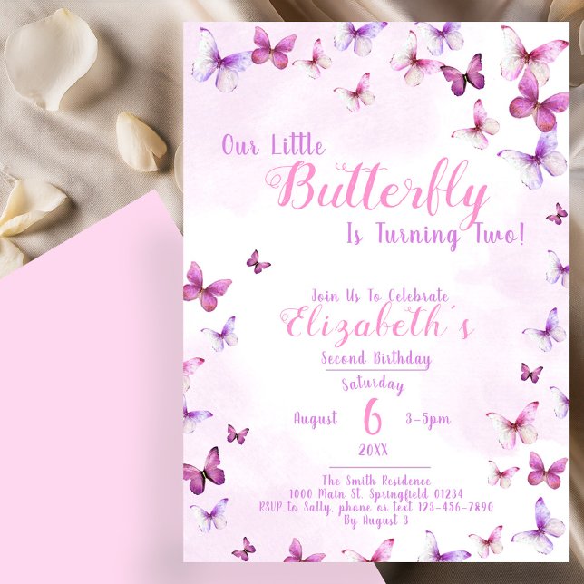 Little Butterfly Rosa Girl Second Birthday Inbjudningar (Skapare uppladdad)