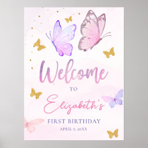 Little Butterfly Rosa Lila Girl Birthday Välkommen Poster