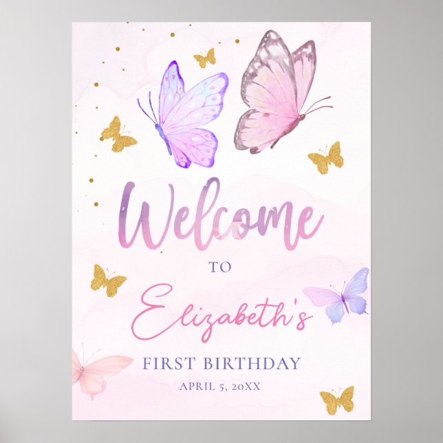 Little Butterfly Rosa Lila Girl Birthday Välkommen Poster (Framsidan)