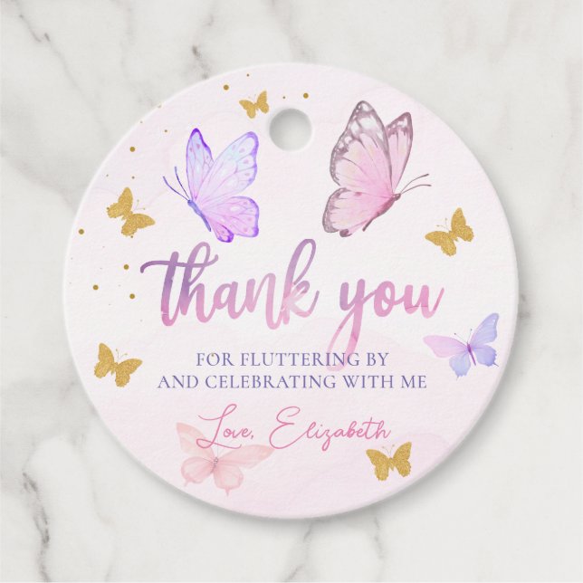 Little Butterfly Rosa Lila Guld Girl Birthday Gåvor Etiketter (Framsida)