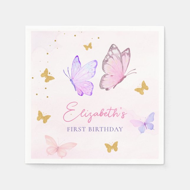 Little Butterfly Rosa Lila Guld Girl Birthday Pappersservett (Framsidan)