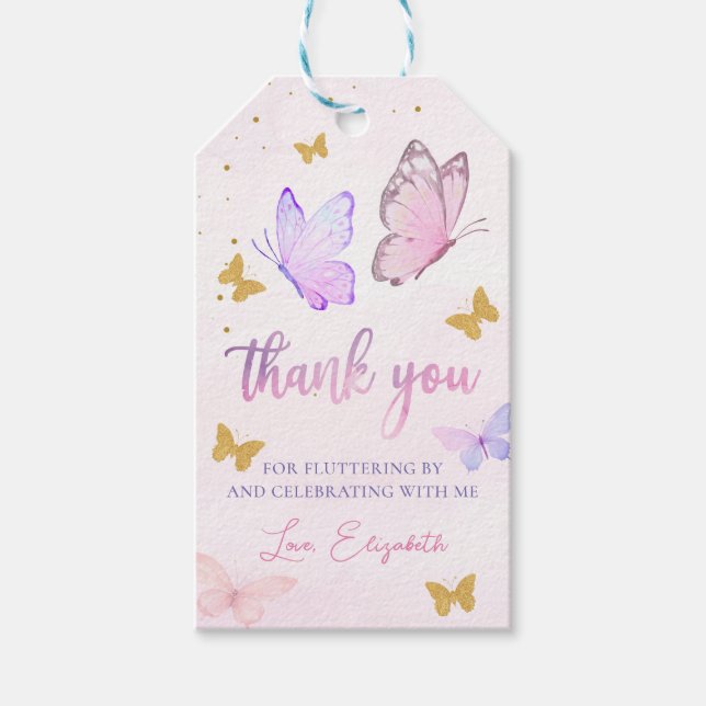 Little Butterfly Rosa Lila Guld Girl Birthday Presentetikett (Framsidan)