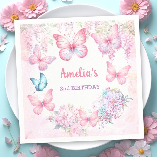 Little Butterfly Rosa Lila Summer Girl Birthday Pappersservett (Little Butterfly Pink Purple Summer Girl Birthday Napkins)