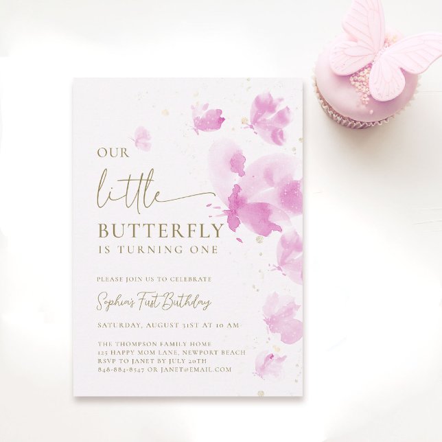 Little Butterfly Rosa Whimsical Themme 1st Birthda Inbjudningar (butterfly themed 1st birthday invitation girls pink purple blush watercolor one year fluttered by)