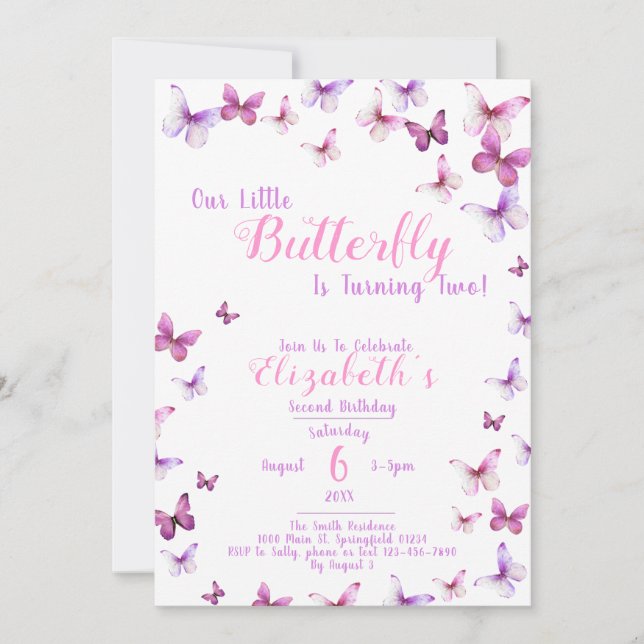 Little Butterfly Second Birthday Rosa Girl Inbjudningar (Framsida)