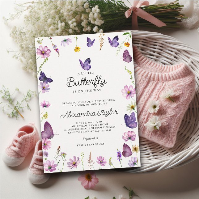 Little Butterfly Vild Lila Chic Flicka Shower Inbjudningar (little butterfly baby girl shower invitation cottage garden watercolor purple wildflowers frame)