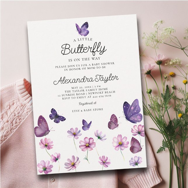 Little Butterfly Vild Lila Rosa Flicka Shower Inbjudningar (little butterfly baby girl shower invitation cottage garden watercolor purple wildflowers adorable)