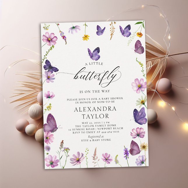 Little Butterfly Vild Lila Rosa Flicka Shower Inbjudningar (little butterfly baby girl shower invitation purple pink garden watercolor spring summer cottage)