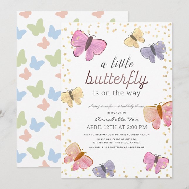 Little Butterfly Virtuell Baby Shower Inbjudningar (Fram/baksida)