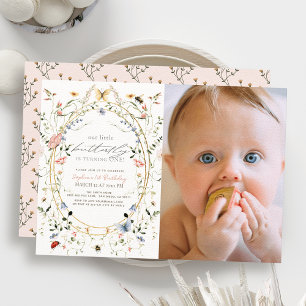 Little Butterfly WildblomBee Photo 1st Birthday Inbjudningar
