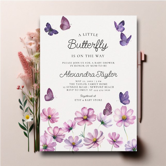 Little Butterfly Wildblomme Rosa Flicka Shower Inbjudningar (little butterfly baby girl shower invitation cottage garden watercolor purple wildflowers cute sweet)