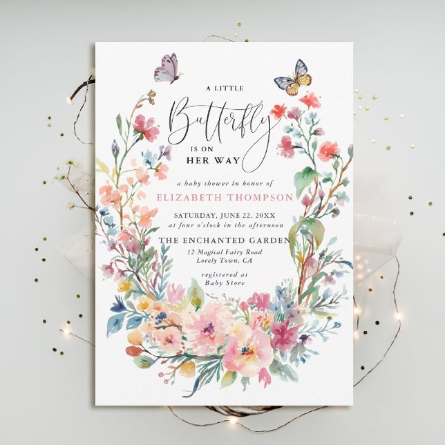 Little Butterfly Wildblommor Whimsical Baby Shower Inbjudningar (butterfly baby shower invitation enchanted garden woodland forest bird spring summer whimsical roses)