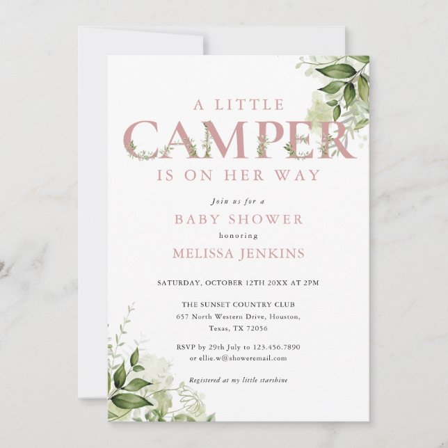 Little Camper Dusty Ro Greenery Baby Shower Inbjudningar (Framsida)