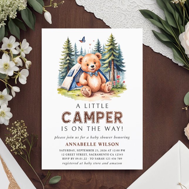 Little Camper Nalle Watercolor Woodland Inbjudningar (Skapare uppladdad)