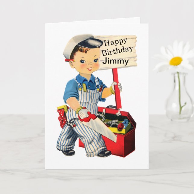 Little Carpenter Birthday Card Personalize namn Kort (Liten växt)