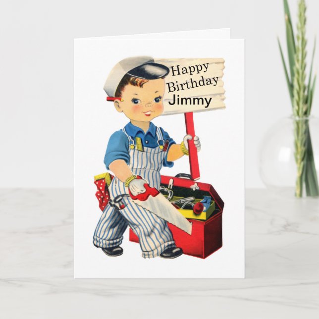 Little Carpenter Birthday Card Personalize namn Kort (Framsida)