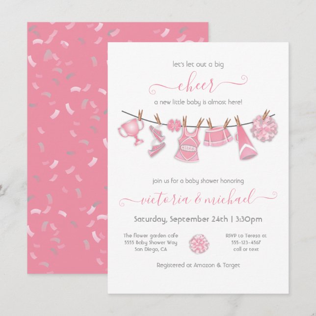 Little Cheermanager Baby Shower Clothesline Inbjudningar (Fram/baksida)