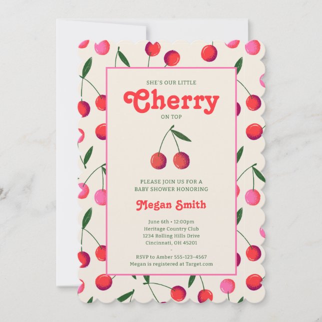 Little Cherry Retro Girl Baby Shower Inbjudan: Ivo Inbjudningar (Framsida)