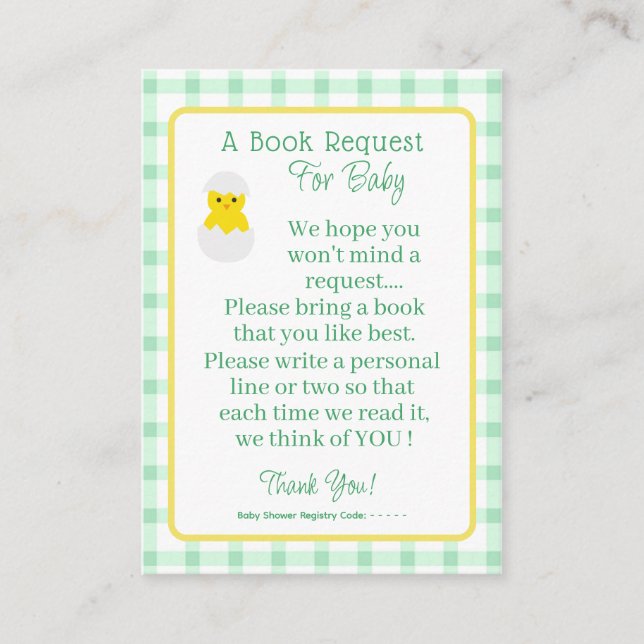 Little Chick Baby Book Request Neutral Baby Shower Tilläggskort (Framsida)