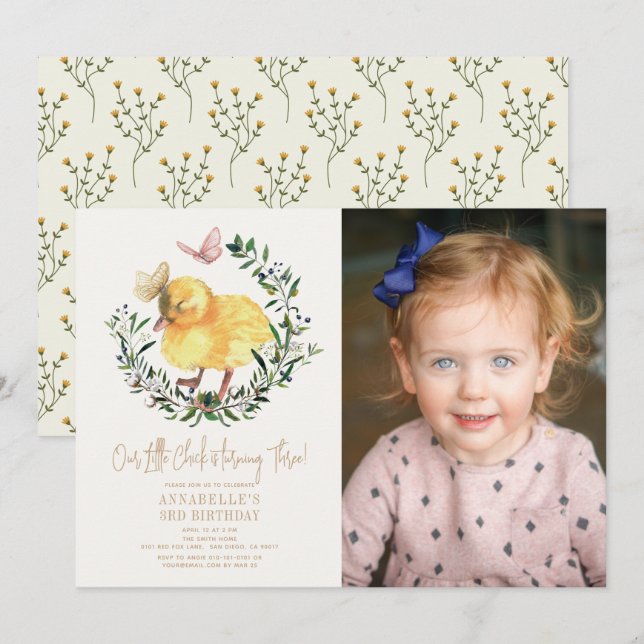 Little Chick & Butterfly Girl Birthday Photo Inbjudningar (Fram/baksida)