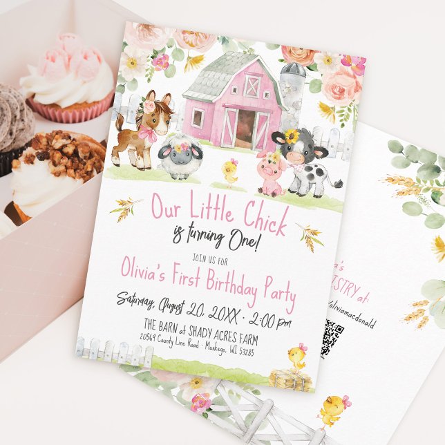 Little Chick Farm Barnyard Blommigt Girl Birthday Inbjudningar (Our Little Chick watercolor farm girl barnyard animals floral pink 1st birthday party invitation)