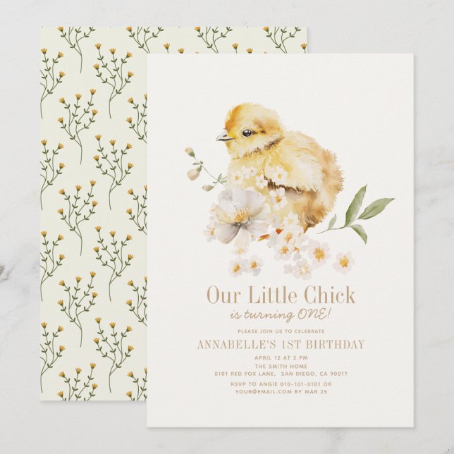 Little Chick Watercolor Blommigt Girl 1st Birthday Inbjudningar (Fram/baksida)