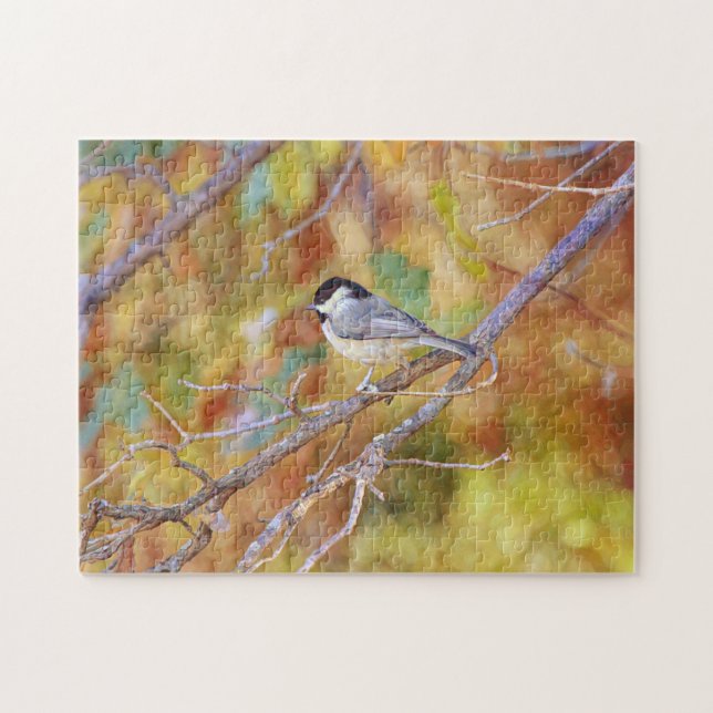 Little Chickadee Bird in Fall Träd Art Puzzle Pussel (Horisontell)