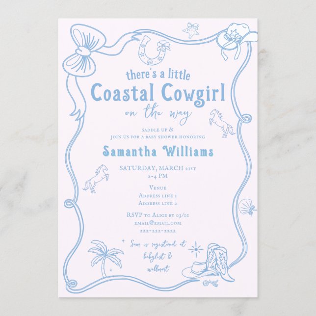 Little Coastal Cowgirl Pink Blue Girl Baby Shower Inbjudningar (Framsida)