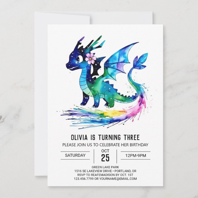 Little Colorful Dragon Digital Girl Birthday Inbjudningar (Framsida)