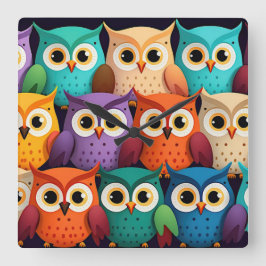 Little Colorful Uggla Fyrkantig Klocka