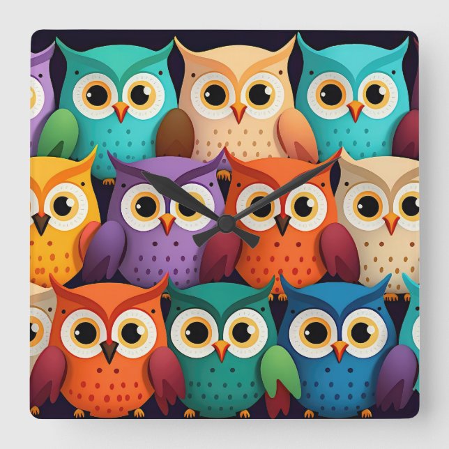 Little Colorful Uggla Fyrkantig Klocka (Framsida)