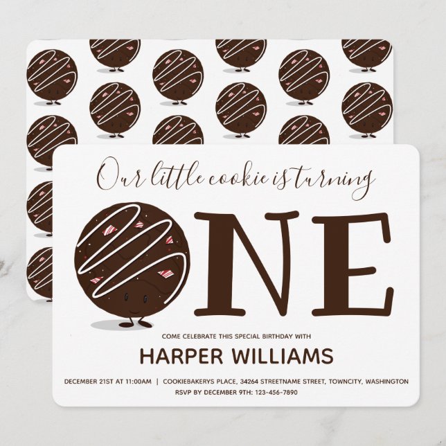 Little Cookie Turing One First Birthday Inbjudningar (Fram/baksida)