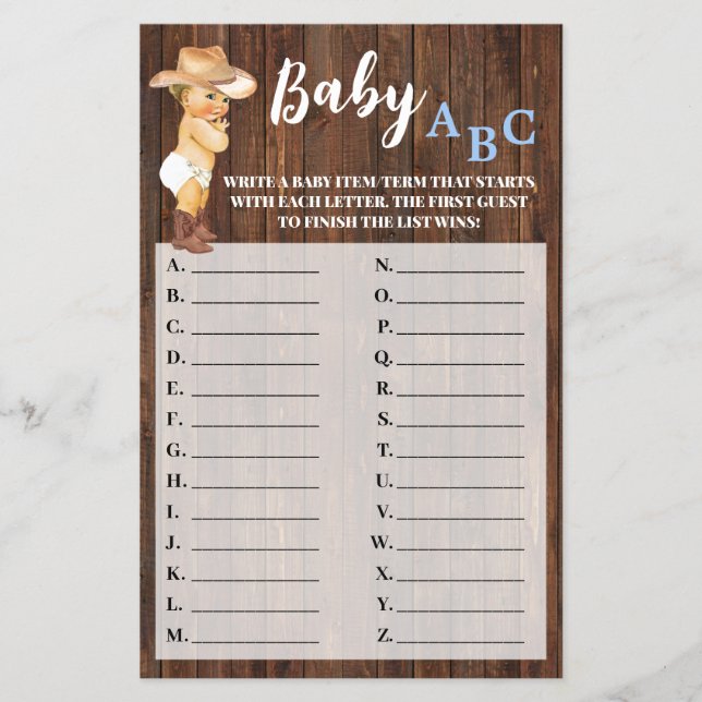 Little Cowboy Baby ABC Baby Shower Game Card Flygblad (Framsidan)